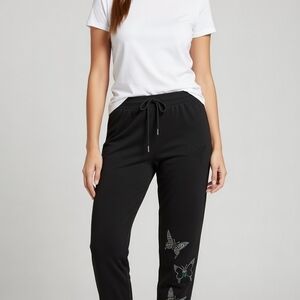 Black Women's Drawstring Joggers with Rhinestone Butterfly Detail